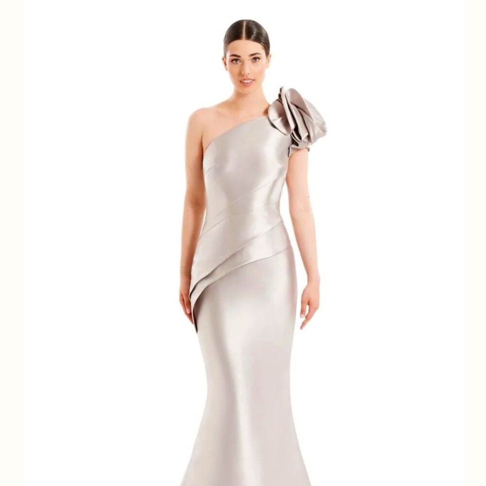 Alexander by Daymoor Long Evening Gown, One Shoulder w/Flower - SIlver Taupe